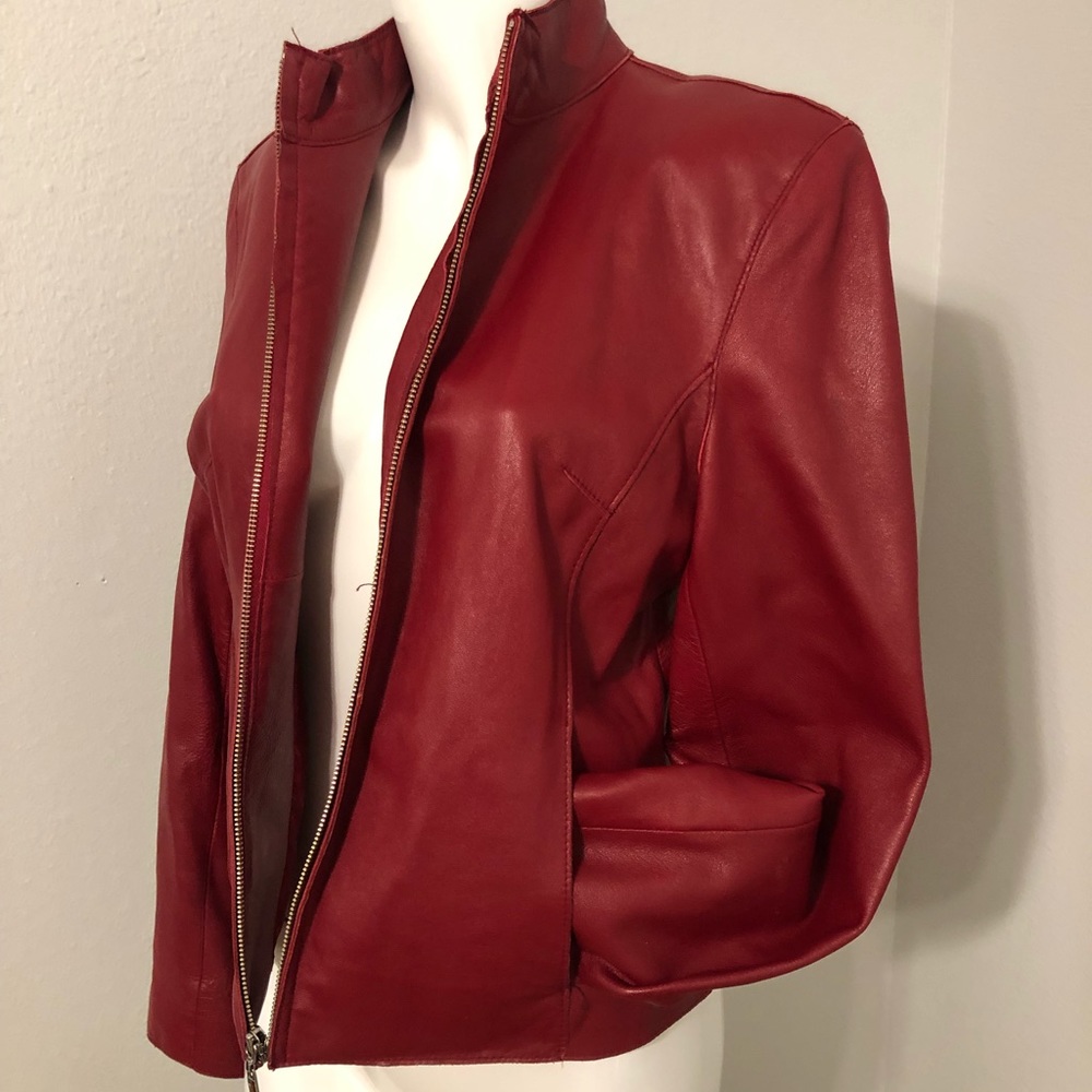 Wilson’s Leather cranberry red leather jacket